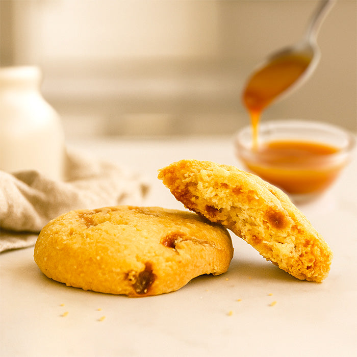 Sablé au caramel : deux biscuits dont un coupé révélant l'intérieur, pot et cuillère de caramel et petit pot en céramique floutés en fond de cuisine