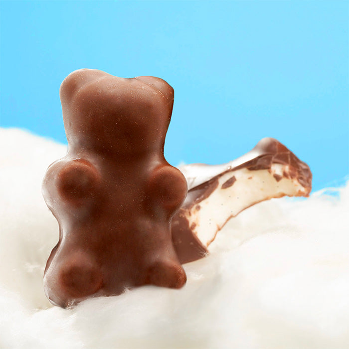 Choco-grizzly artisanal : ourson debout et ourson coupé révélant sa guimauve intérieure, posés sur de la laine sur fond bleu