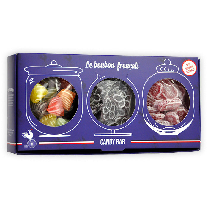 Coffret bleu Candy Bar Souvenirs des grands-parents avec trois fenêtres rondes révélant berlingot de carpentras, violette, coquelicot