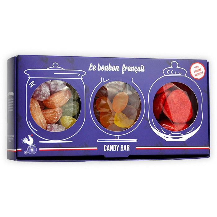 Coffret bleu Candy Bar Tutti Frutti avec trois fenêtres rondes révélant méli-mélo fruité, farandole de fruits, méli-mélo, tagada artisanale
