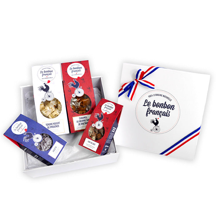 Coffret Découverte ouvert avec deux grands packs nougat et caramel et deux minis packs violette et fort de café