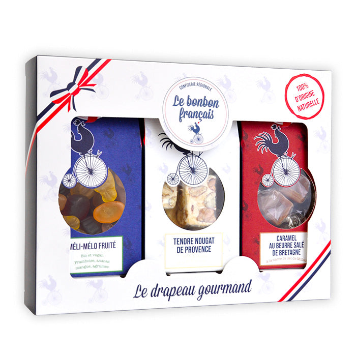 Boîte Drapeau Gourmand Les Classiques : packs bleu blanc rouge, méli-mélo, nougat de provence et caramel salé breton