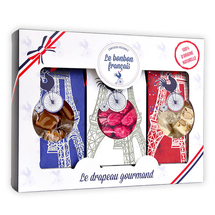 Drapeau Gourmand Tour Eiffel : coffrets bleu, blanc et rouge ornés d'une Tour Eiffel, garnis de Méli-Mélo, Praline Rose de Lyon et Tendre Nougat de Provence