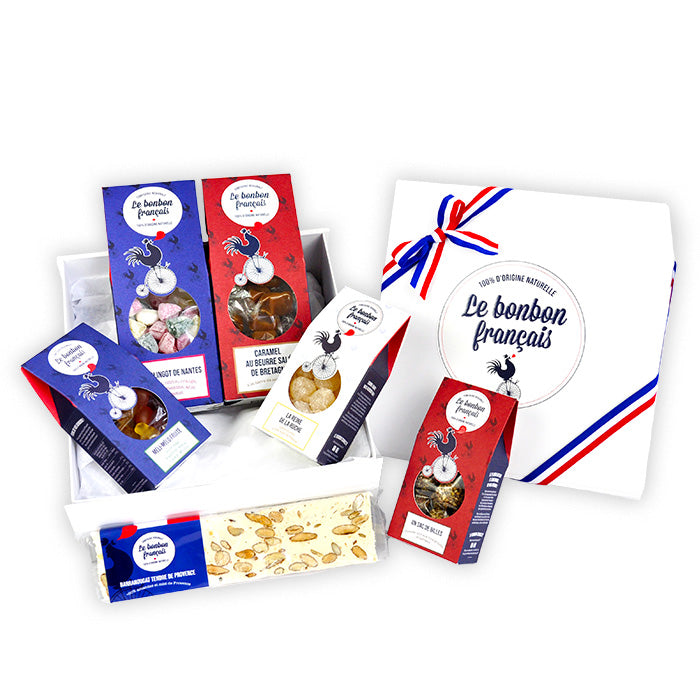 Grand coffret blanc personnalisable ouvert avec deux grands packs, deux minis packs et une barranougat, confiseries au choix