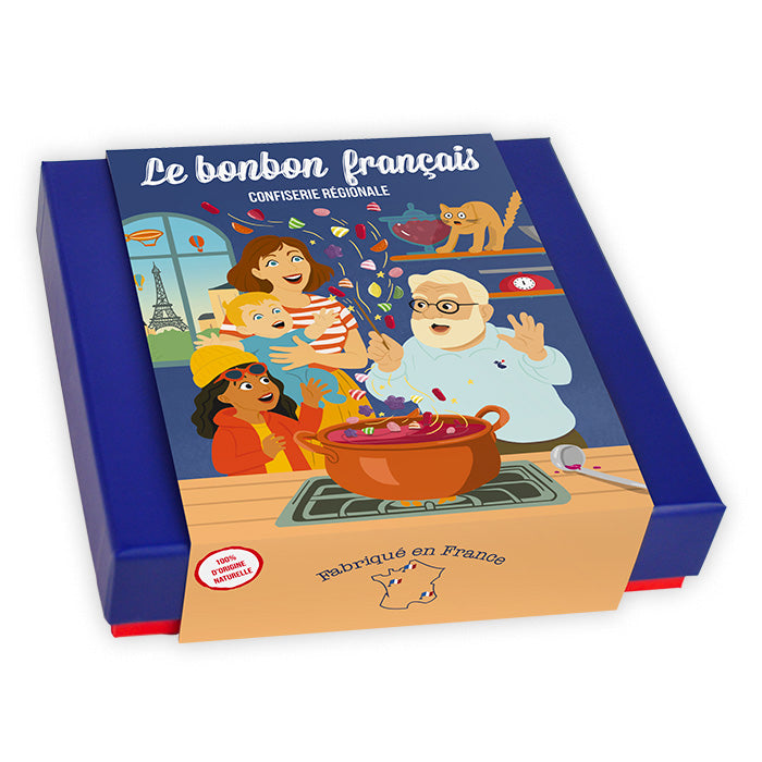 Coffret prestige Souvenirs des Grands-Parents, fourreau illustré d'une scène familiale en cuisine avec baguette magique et bonbons