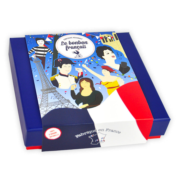 Coffret prestige Paris dans son fourreau illustré de figures françaises iconiques : Napoléon, la Joconde, Marianne et Notre-Dame