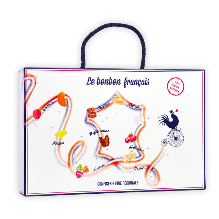Valisette Voyage en Régions : coq traçant la carte de France tricolore avec confiseries régionales et tampon 100% naturel