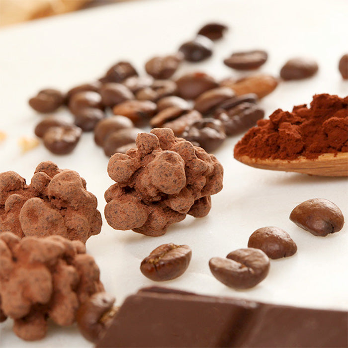 Fort de Café en gros plan entouré de grains de café arabica, cuillère de cacao en poudre et éclat de chocolat sur fond blanc