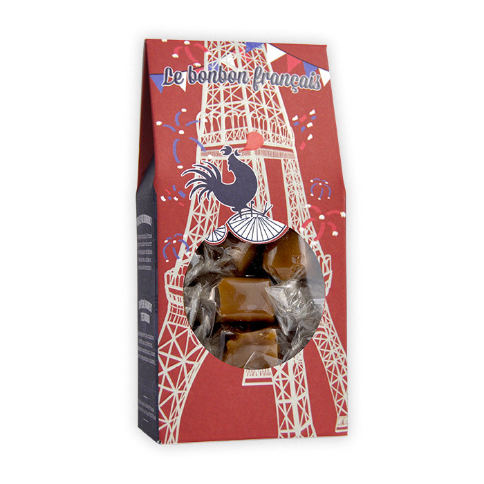 Petit pack rouge Caramel au beurre salé de Bretagne, dessin tour Eiffel, confiserie artisanale Le Bonbon Français