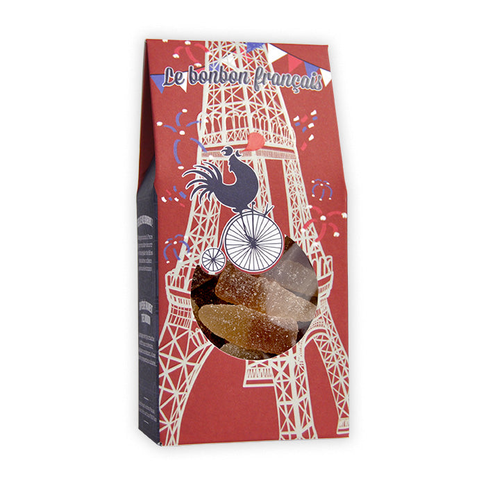 Petit pack rouge Cola des Coqs, dessin tour Eiffel, confiserie artisanale Le Bonbon Français