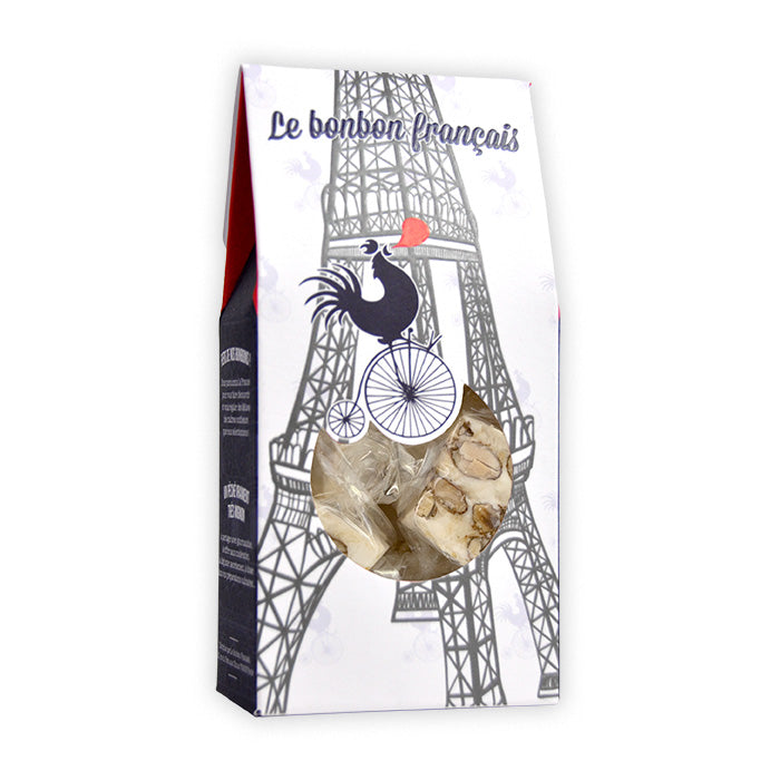 Petit pack blanc Tendre Nougat de Provence, dessin tour Eiffel, confiserie artisanale Le Bonbon Français
