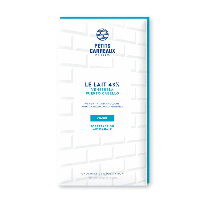 Packshot tablette de chocolat au lait, cacao 43% du Vénézuela, Petits Carreaux de Paris