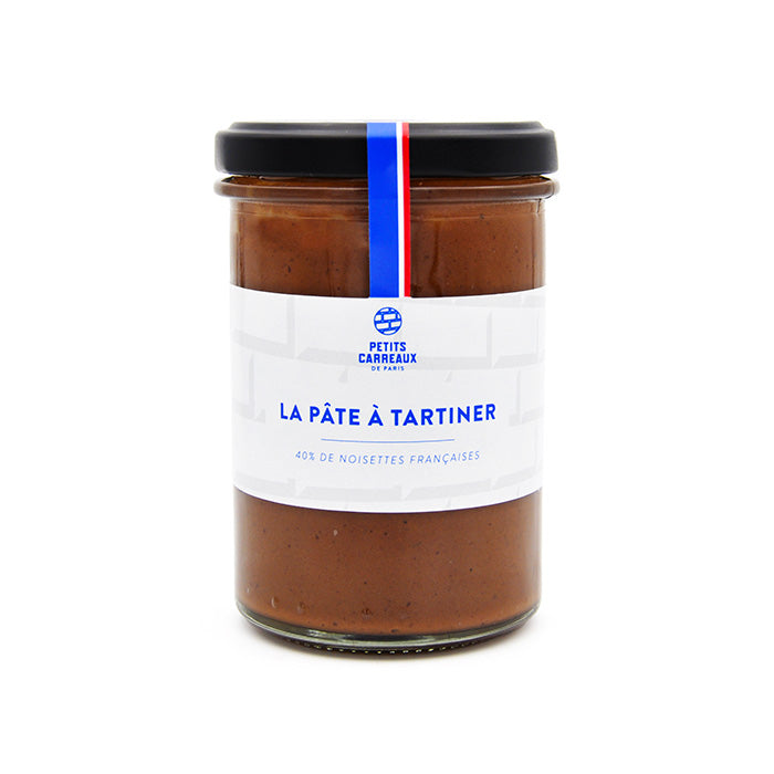 Pot de pâte à tartiner Petits Carreaux de Paris en verre avec couvercle noir et étiquette blanche