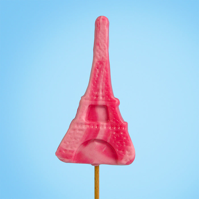 Sucette Tour Eiffel à la fraise sur fond bleu