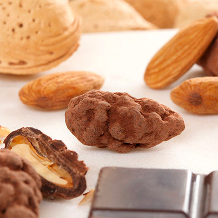 Tentation d'Amande en gros plan avec un bonbon coupé révélant l'intérieur, amandes, noix et éclat de chocolat sur fond blanc
