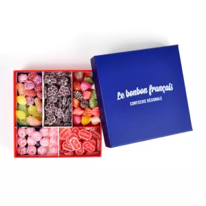 coffret assortiment bonbon antan, bonbons artisanaux, bonbon artisanal, farandole de fruits, violette, berlingot, berlingot de Carpentras, bonbon à la rose, bouton de rose, coquelicot, le bonbon français