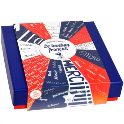 packshot coffret merci, assortiment bonbon français, nougat de provence, nougat, farandole de fruit, bonbon d'antan, tentation d'amande, bonbon au chocolat, méli-mélo, bonbon fruité, bonbon gélifié, caramel