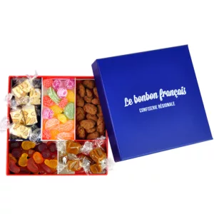 packshot coffret merci, assortiment bonbon français, nougat de provence, nougat, farandole de fruit, bonbon d'antan, tentation d'amande, bonbon au chocolat, méli-mélo, bonbon fruité, bonbon gélifié, caramel