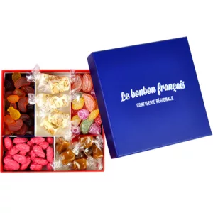 coffret assortiment touristique, packaging illustration emblèmes de france, bonbons artisanaux, bonbon artisanal, méli-mélo fruité, bonbon gélifié, bonbon fruité, nougat de provence, nougat, farandole de fruits, bonbon d'antan, praline rose, praline de lyon, caramel au beurre salé de bretagne, caramel, le bonbon français