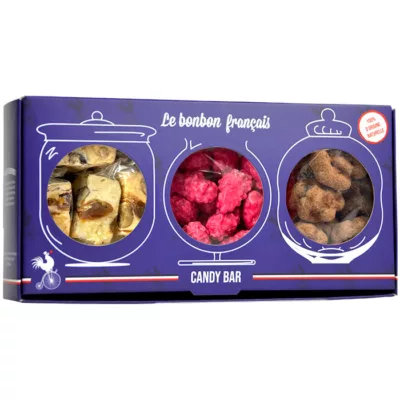 packshot candy bar, boite assortiment bonbons, nougat caramel au beurre salé, praline de lyon, bonbon au chocolat, cerneau de noix enrobé de chocolat, le bonbon français