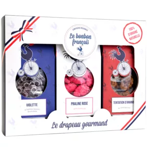 photo coffret cadeau bonbon régionaux et artisanaux avec bonbons à la violette, praline de Lyon et amande au chocolat le bonbon français